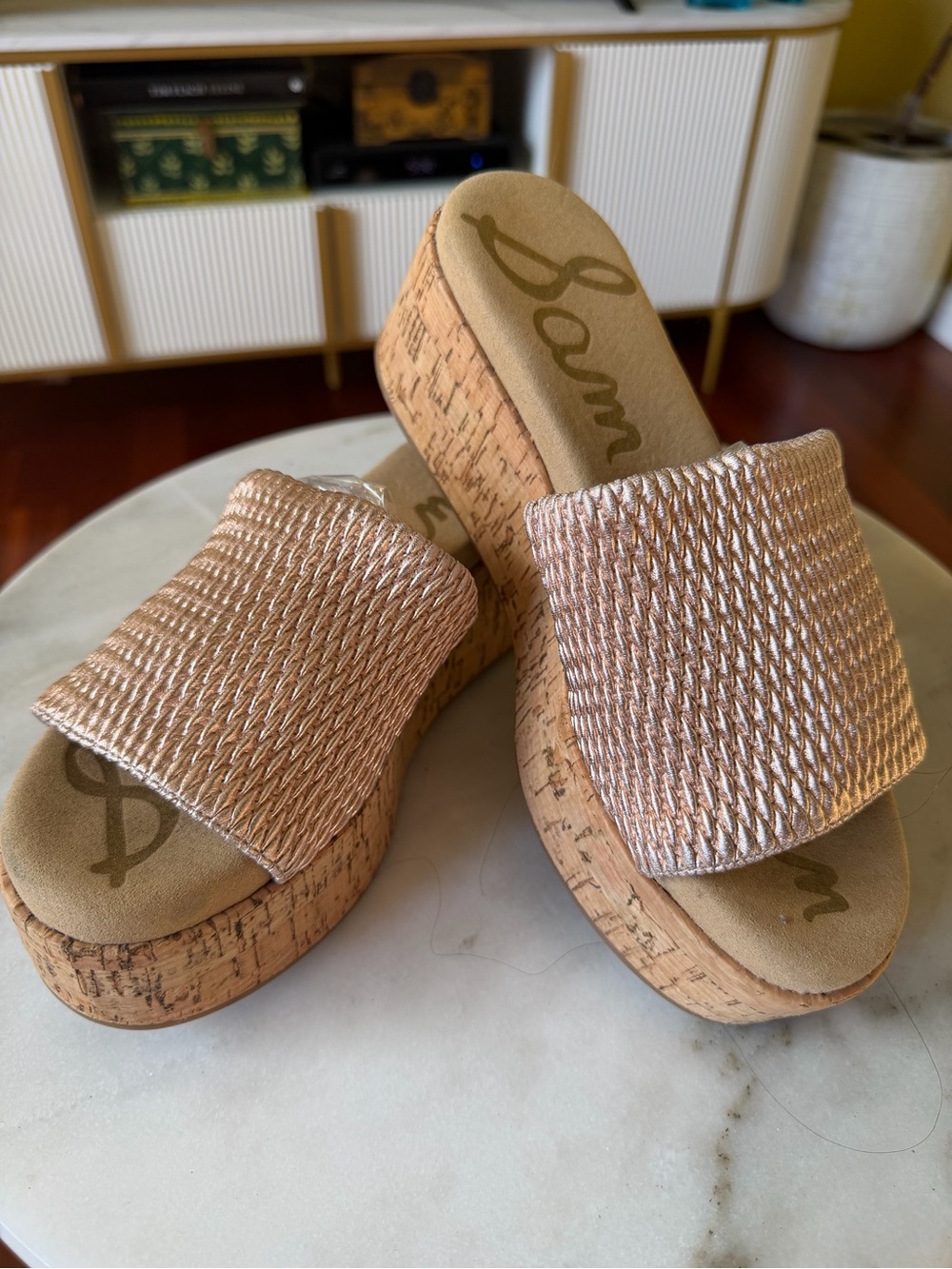 Sam Edelman Rose Gold Woven Cork Platform Slide Sandals